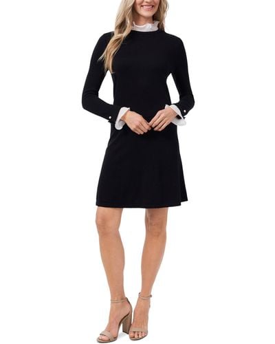 Cece Ruffle Collar & Sleeve Imitation Pearl Trim Sweater Dress - Black