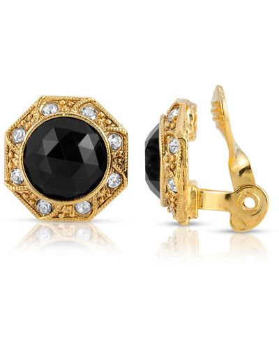 2028 Gold Tone Faceted Crystal Round Button Clip Earring - Black