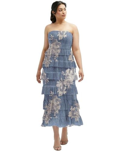 After Six Ruffle Tiered Skirt Metallic Pleated Strapless Midi Dress - Blue