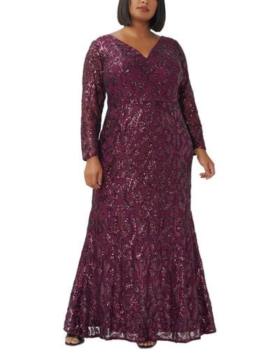 Adrianna Papell Plus Size Sequined Long-sleeve V-neck Gown - Purple