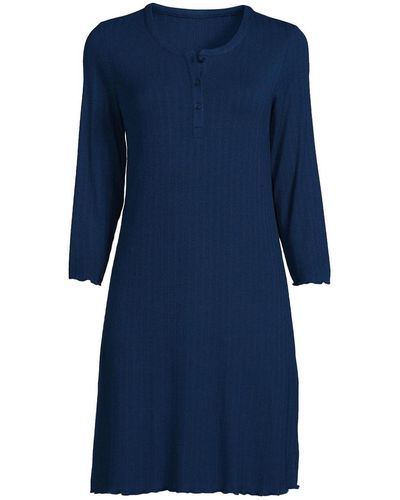 Lands' End Pointelle Rib 3/4 Sleeve Knee Length Nightgown - Blue