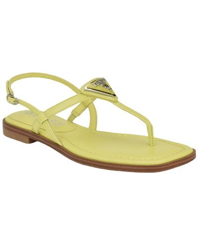 Guess Rainey Logo Sqaure Toe T-strap Flat Sandals - Metallic
