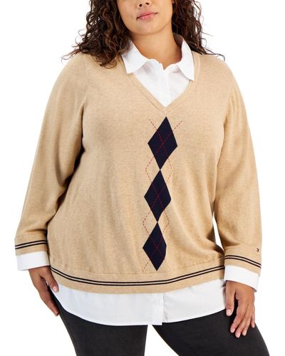 Tommy Hilfiger Plus Size Cotton Layered-look Sweater - Natural