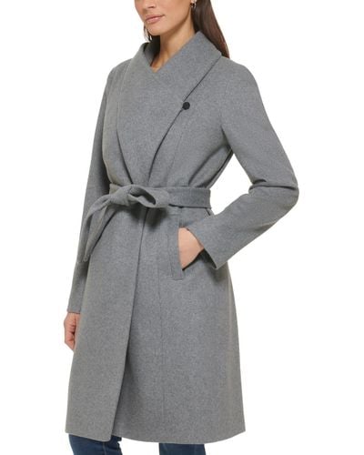 Cole Haan Wool Blend Belted Wrap Coat - Gray