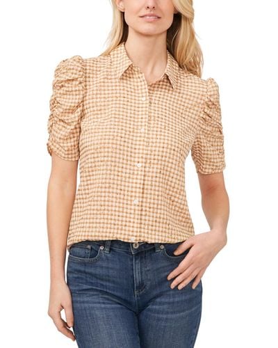 Cece Ruched Sleeve Collared Button Down Blouse - Blue