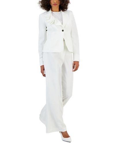 Nipon Boutique Asymmetrical Ruffled One-button Jacket & Wide-leg Pant Suit - White