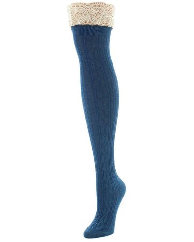 Memoi Lace Top Cable Knee High Socks - Blue