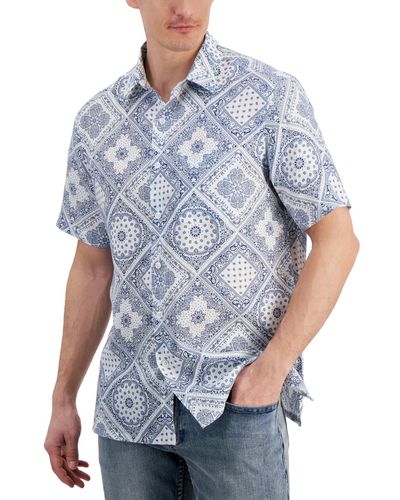Club Room Linen Bandana-print Short-sleeve Shirt - Blue