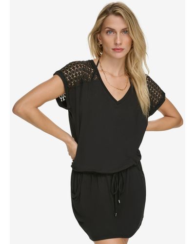 Calvin Klein Crochet-shoulder Tunic Cover Up - Black