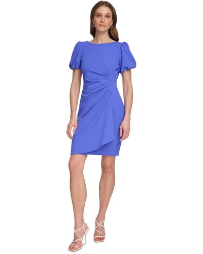 DKNY Petite Bubble-sleeve Ruched Sheath Dress - Blue