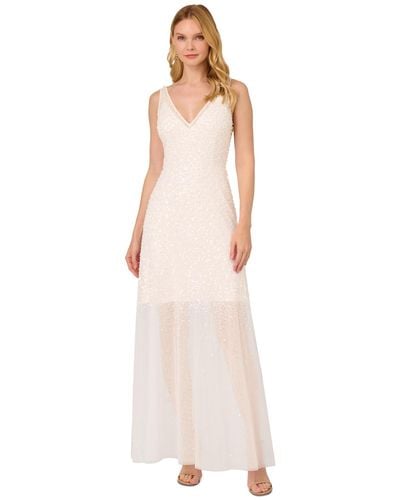 Adrianna Papell Embellished Illusion V-neck Gown - White