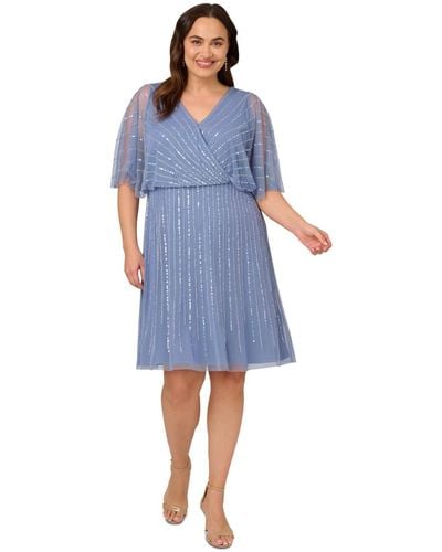 Adrianna Papell Plus Size Surplice-neck Beaded Short Dress - Blue