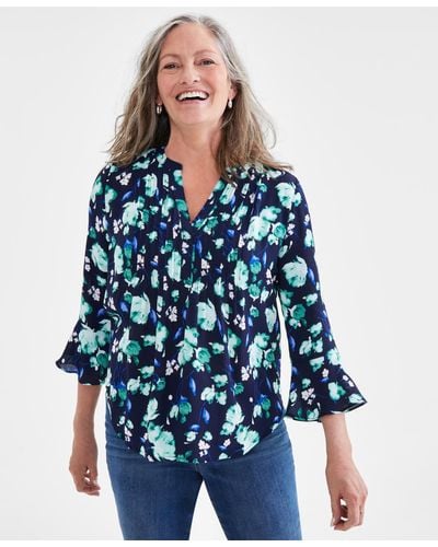 Style & Co. Petite Floral-print Pintucked Top - Blue