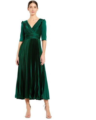 Mac Duggal Quarter Sleeve V Neck Heat Pleated Dress - Green