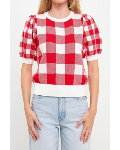 English Factory Gingham Puff Sleeve Knit Top - Red