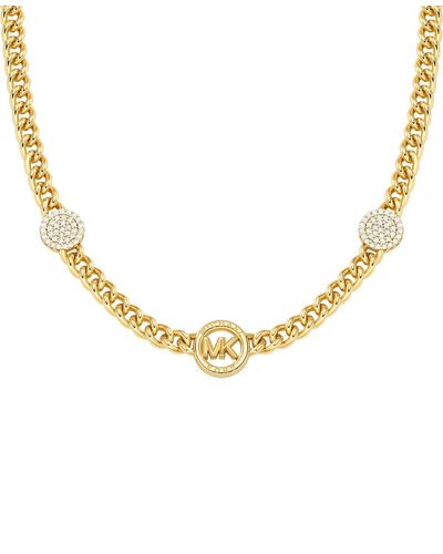 Michael Kors Brass Cubic Zirconia Pave Three Charm Chain Necklace In 14k Gold-plated - Metallic