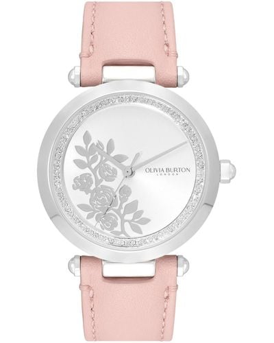 Olivia Burton Signature Floral Pink Leather Strap Watch 34mm - Gray