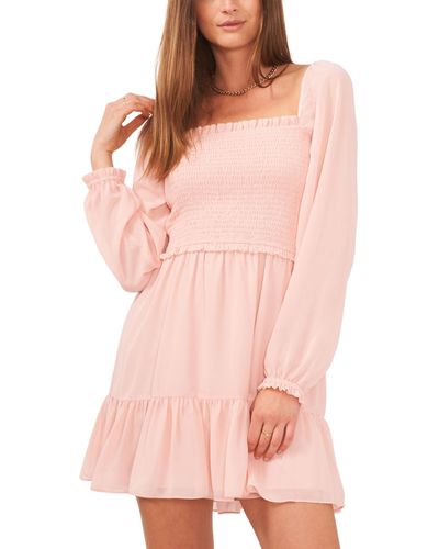 1.STATE Smocked Ruffle Hem Long Sleeve Dress - Pink