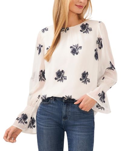 Cece Floral Print Smocked Cuff Blouse - White