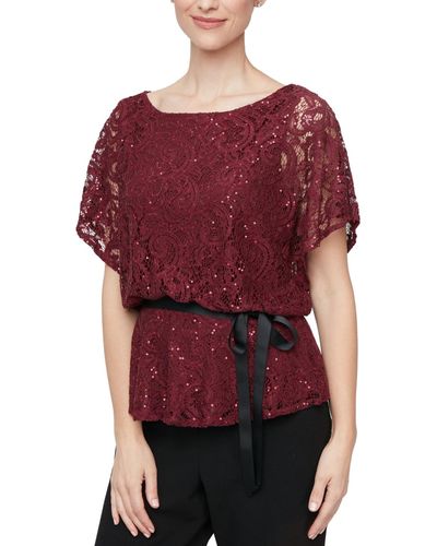 Alex Evenings Sequined Lace Flutter-sleeve Blouse - Red
