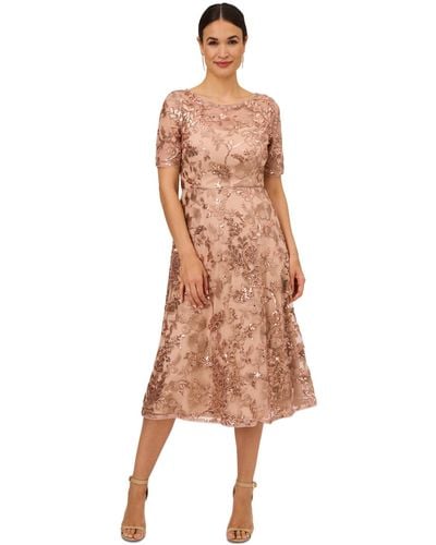 Adrianna Papell Sequined Embroidered Midi Dress - Natural