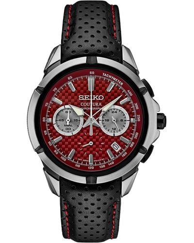 Seiko Chronograph Coutura Black Perforated Leather Strap Watch 42mm - Red
