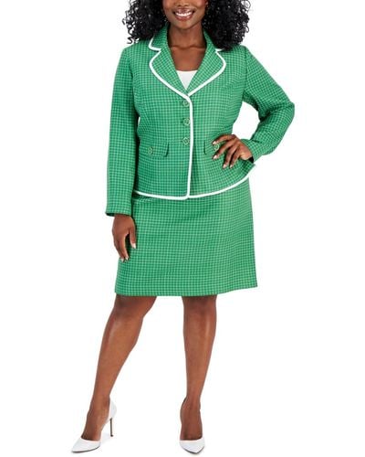 Le Suit Plus Size Check Print Contrast Trim Skirt Suit - Green