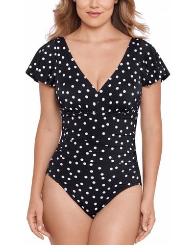 Swim Solutions Flutter-sleeve Polka Dot One-piece Swimsuit - Black