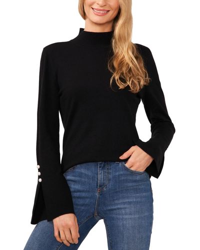 Cece Imitation Pearl Trim Split Sleeve Mock Neck Sweater - Black