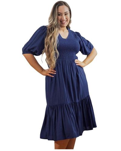 Dani Marie S Blouse Sleeve Smocked Mia Midi Dress - Blue