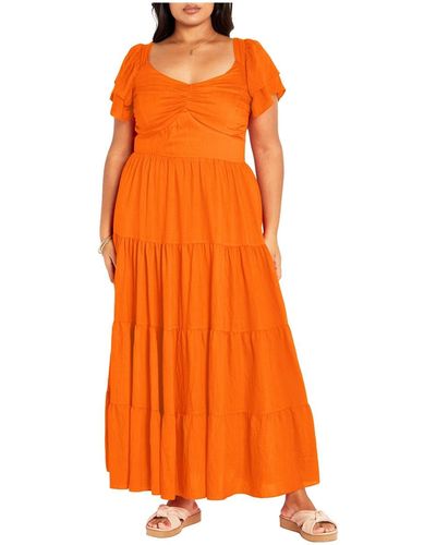 City Chic Plus Size Ariella Flutter Sleeves Tier Maxi Dress - Orange