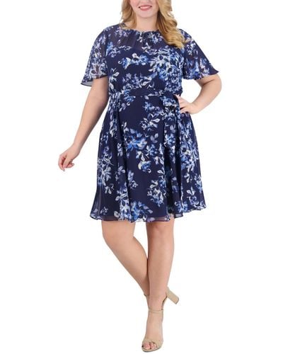 Jessica Howard Plus Size Printed Flutter-sleeve Chiffon Dress - Blue