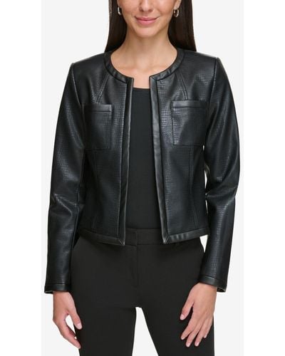 DKNY Petite Embossed Faux-leather Collarless Jacket - Black
