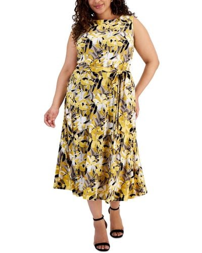 Kasper Plus Size Floral-print Fit & Flare Dress - Yellow