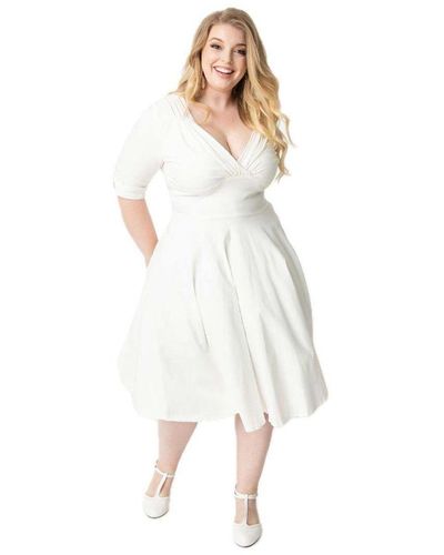 Unique Vintage Plus Size Half Sleeve Surplice Delores Swing Dress - White
