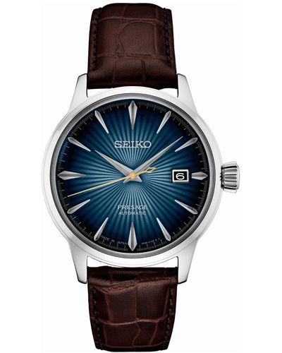 Seiko Automatic Presage Cocktail Time Brown Leather Strap Watch 41mm - Blue