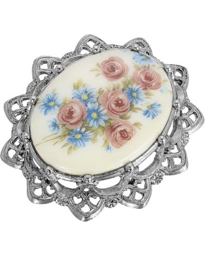 2028 Glass Oval Floral Brooch - White