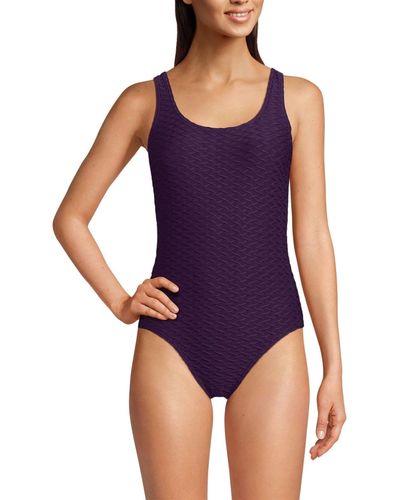 Lands' End Chlorine Resistant Texture High Leg Soft Cup Tugless Sporty One Piece Swimsuit - Purple