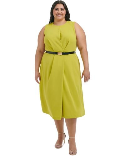 Calvin Klein Plus Size Belted Sleeveless Midi Dress - Yellow