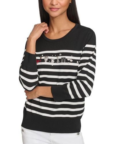 Karl Lagerfeld Embellished Striped 3/4-sleeve Sweater - Gray