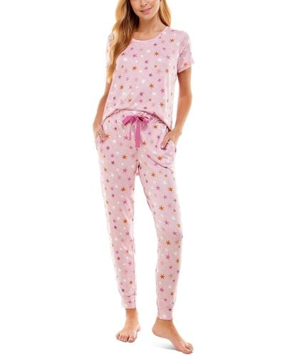 Roudelain Scoop Neck T-shirt & jogger Pants Pajama Set - Pink