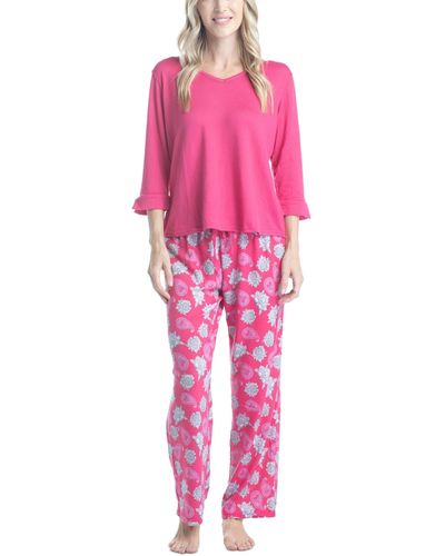 Muk Luks 3/4 Sleeve Top & Boot-cut Pajama Pants Set - Pink
