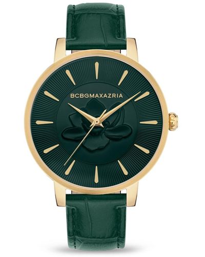 BCBGMAXAZRIA Floral Dial Genuine Leather Strap Watch - Green