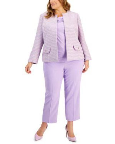Kasper Plus Tweed Jacket Cowl Neck Top Stretch Crepe Pants - Purple