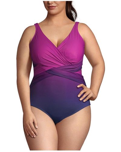 Lands' End Plus Size Long Slendersuit Wrap One Piece Swimsuit - Purple