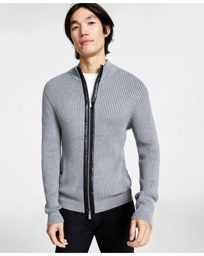 INC International Concepts Silas Regular-fit Ribbed-knit Full-zip Mock Neck Cardigan - Gray