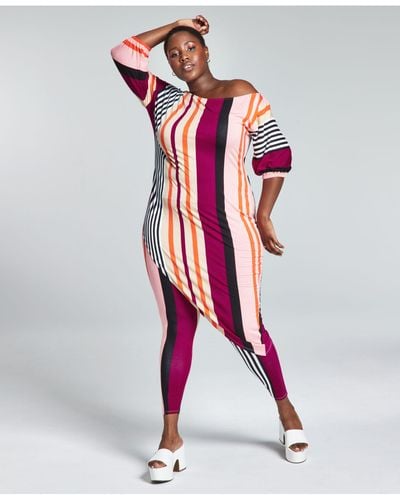 BarIII Googoo Atkins Trendy Plus Size Asymmetrical Striped Tunic, Created For Macy's - Red