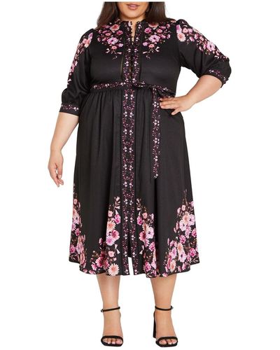City Chic Plus Size Annabelle Button Down Floral Midi Dress - Black