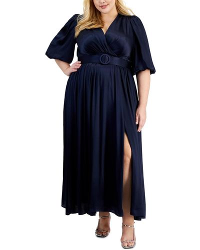 Taylor Plus Size Surplice-neck Belted Satin Maxi Dress - Blue