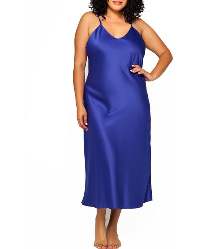 iCollection Plus Size Victoria Long Satin Lingerie Gown - Blue